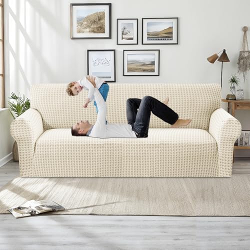 MAXIJIN Stretch Couch Cover Sofa Covers for 3 Cushion Couch (71"-91" Washable Sofa Slipcovers with Non-Slip Foam & Elastic Strap, Dog Cat Pet Friendly Furniture Protector (Large, Beige)