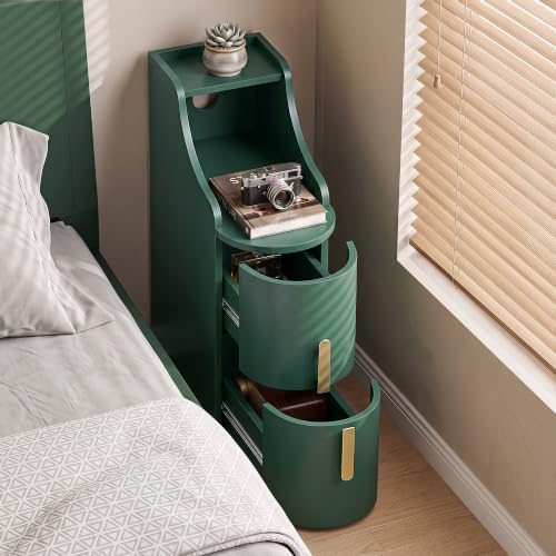 Narrow Nightstand, Wooden 2 Drawer Thin Cylinder Bedside Table with Cable Management Hole, Mid Century Modern Skinny End Table for Bedroom Living Room Small Spaces（Green-1 Piece）