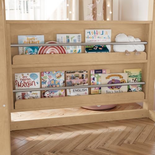 Twin Size Wooden Playhouse Loft Bed with Windows, Light Natural