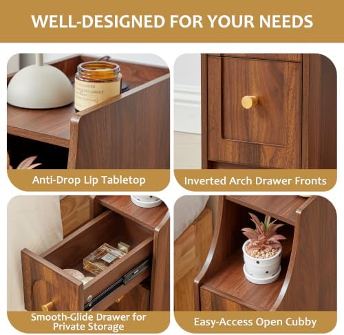 Ultra Narrow Nightstand Set of 2, Slim Bedside Table with Charging Station, 2 Drawers & Open Shelf, Mid-Century Modern End Table with Fenced Top for Living Room Bedroom (Walnut, 2)