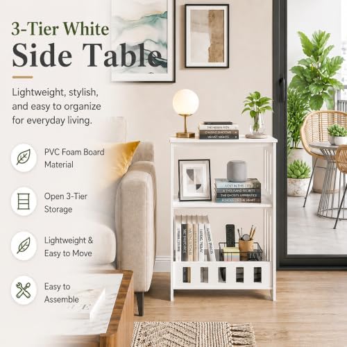 HAYOFAMY 3-Tier End Table Night Stand Set of 2, White Side Table with Storage Shelf, Small Bookshelf Bedside Table for Bedroom, Living Room, Office, Bathroom