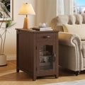 ONBRILL Rustic End Table with Charging Station, Narrow Side Table, Walnut