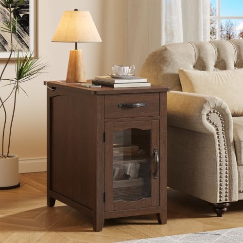 ONBRILL Rustic End Table with Charging Station, Narrow Side Table, Walnut