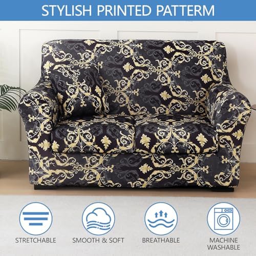 Stretch Printed Sofa Cover Couch Covers, 4-Piece Loveseat Slipcovers with 2 Separate Cushion Cover & 1 Pillow Case, Washable Spandex Furniture Protector for Living Room(Loveseat,Print)
