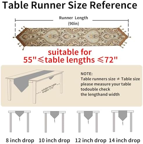Luxury Vintage Design Table Runner 90 inches Long Embroidery Jacquard Fabric with Multi-Tassels Table Runners for Dining Room Dresser Wedding Holiday Party Fireplace Decorations (Coffee, 12X90inch)