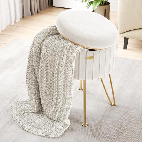 Round Ottoman with Storage, Pleated Velvet Storage Ottoman, Foot Stool Ottomans, Makeup Vanity Stool, Small Ottomans Foot Rest, Modern Vanity Stools for Living Room and Bedroom, Cream