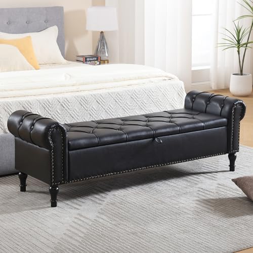 Leather Storage Bench 67 Inch Upholstered Tufted Ottoman Bench with Arms King Size End of Bed Bench for Bedroom Living Room Entryway Obsidian Black
