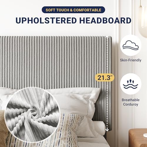 Allewie Full Bed Frame, Adjustable Corduroy Headboard, Platform, Grey