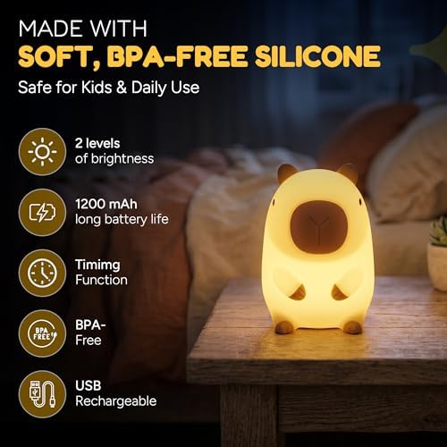 Capybara Night Light for Kids, Squishy Silicone Capybara Lamp, Touch Control, 2 Brightness Levels, 20-Minute Timer, Rechargeable LED Bedside Nightlight
