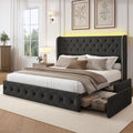 LARMACE King Size Bed Frame with LED Lights and 4 Storage Drawers Linen Upholstered Platform Bed Frame with 47.2" Tall Tufted Headboard Wingback, No Box Spring Needed, Easy to Assemble, Dark Grey