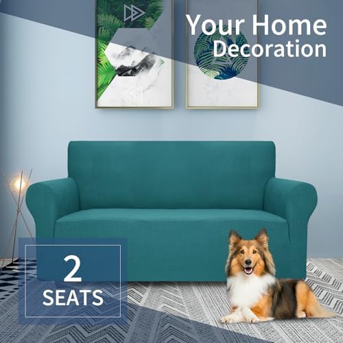 JIVINER High Stretch 1-Piece Jacquard Small Checks Couch Covers for 2 Cushion Couch Anti Slip Love Seat Sofa Covers Loveseat Slipcovers Protector for Kids Pets (Loveseat, Blakish Green)