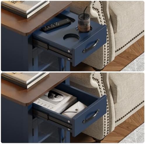 ONBRILL Rustic End Table with Charging Station, Narrow Side Table, Blue