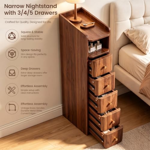FurSch 37”H Tall 7.87”W Narrow Nightstand with 5 Drawers for lofted Dorm