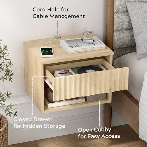 EYYTHUNG Small Floating Nightstand with Drawer, Modern Night Stand with Fluted Door and Open Storage Shelf Wall Mounted Bedside Table for Bedroom, Entryway Light Oak