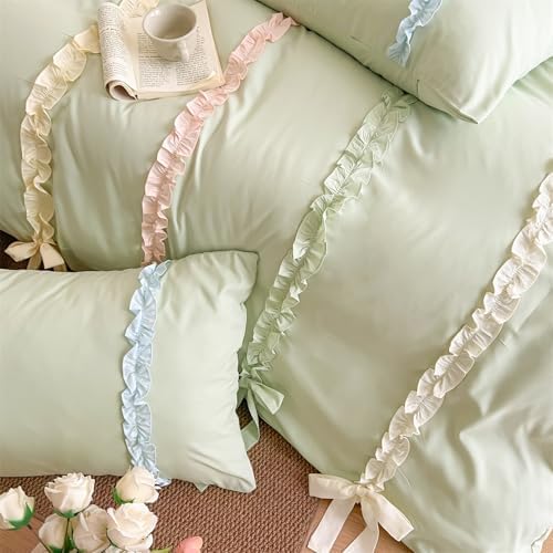 Colorful Striped Ruffled Bedding with Cute Bow,Chic Ruffle Romantic Queen Duvet, Coquette Aesthetic Style 3 piece Duvet Cover Set-1Queen Duvet Cover with 2 Pillowcases, No Comforter