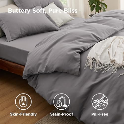 Bedsure King Duvet Cover with Fitted Sheet, Double Brushed Bedding, Grey