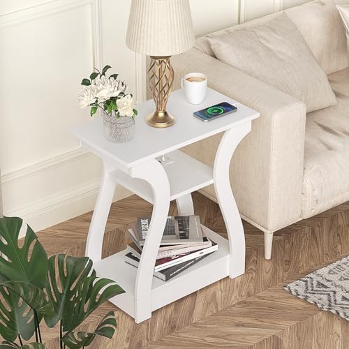 FROMJBEST End Tables Living Room, White End Table with Charging Station
