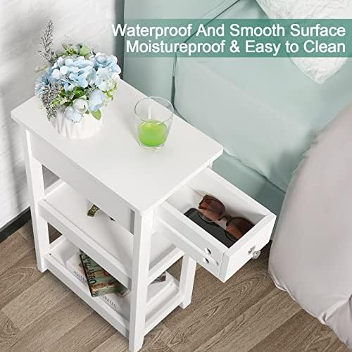 SEJOV Narrow Side Table, Small White End Table with Drawer and 2 Shelves