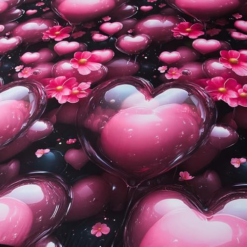 Bedding Fitted Sheet with Deep Pocket,3D Pink Heart Balloon Pattern Printed Fabric Bed Sheets (Red Heart,King)