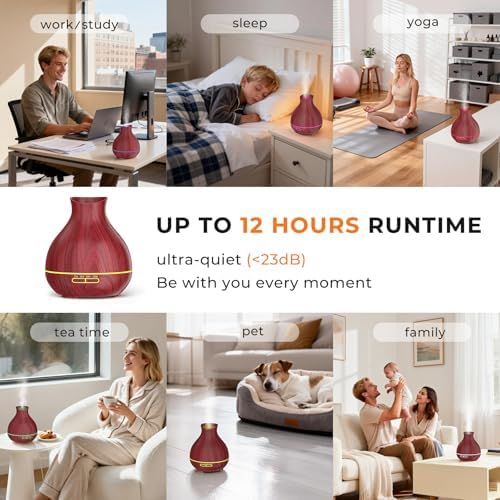 Aromatherapy Essential Oil Diffuser 550ml 12 Hours Wood Grain Aroma Diffuser with Timer Cool Mist Humidifier for Large Room, Home, Baby Bedroom, Waterless Auto Shut-off,7 Colors Lights Changing