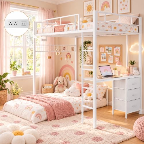 Bunk Bed Twin Over Twin with Desk, L-Shaped Loft Beds with Charging Station, 3 Storage Drawers & Shelves, Bunk Beds with Safety Guardrail & Ladder for Kids/Teens, No Box Spring Needed, White