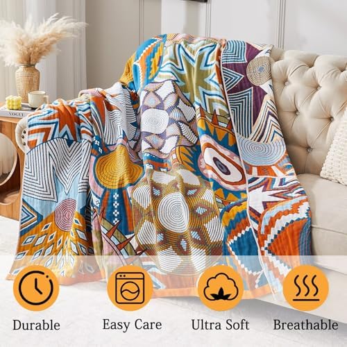 Boho Blanket Soft Muslin BohoThrow Blanket, 100% Cotton Floral Printed Farmhouse Decor All Season Reversible Rustic Throw for Sofa Couch Chair (Orange, 50"x60")