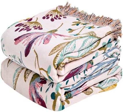 MSGKV Boho Throw Blanket 60"x80" 100% Cotton Floral Blanket for Couch Bed