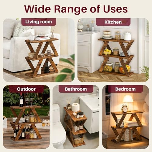 Set of 2 Side Table, 3 Tier Side Table with Side Guard Rails & Anti-Slip Pads, Narrow End Table for Small Spaces, Slim Nightstand with Storage Shelves for Bedroom, Living Room, Rustic Brown