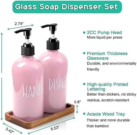ALELION Dish Soap Dispenser for Kitchen - 16 OZ Glass Hand Soap Dispenser Set with Acacia Wood Tray - Pink Kitchen Bathroom Decor and Accessories