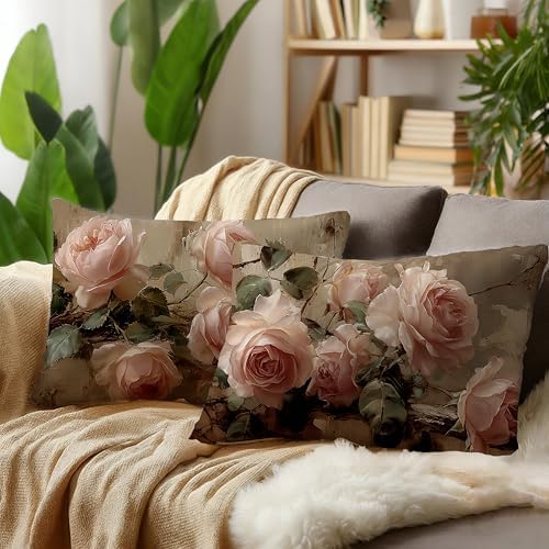 Vintage Pink Rose Floral Small Decorative Lumbar 12x20 Pillow Covers Decor,Pink Flower Rustic Cottagecore Decorative Throw Pillow Cover for Home Bedroom Room Decor Double-Sided Set of 2
