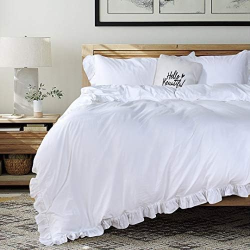 Queen's House White Ruffle Twin Duvet Cover, Washed Cotton Shabby Boho Chic Farmhouse Bedding Comforter Cover 3 Pieces Kids Duvet Quilt Cover Twin Ultra Soft Aesthetic Cute Girls Teen Bedding
