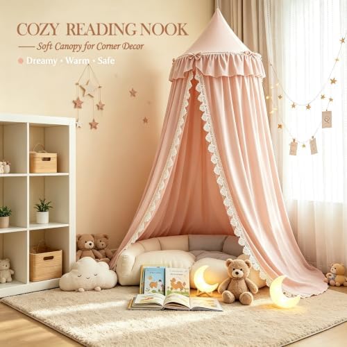 Kertnic Lace & Bow Decor Princess Canopy for Girls Bed, Soft Ruffled Playing Tent Canopy Room Decoration Castle, Reading Nook Canopies in Home (Pink)