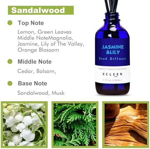 Xcleen Reed Diffuser Set- Jasmine & Lily Scented Diffuser with 6 Rattan Sticks, Long Lasting Reed Diffusers for Home Bathroom Shelf Decor-3.7oz