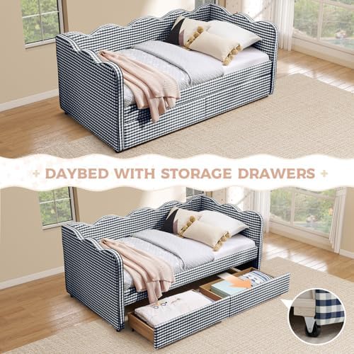 Twin Size Daybed with Storage Drawers, Linen Gingham Daybed with USB Ports & Wave Shaped, Upholstered Day Bed Frame, Modern Sofa Bed for Living Room/Bedroom/Guest Room, No Box Spring Needed, Navy