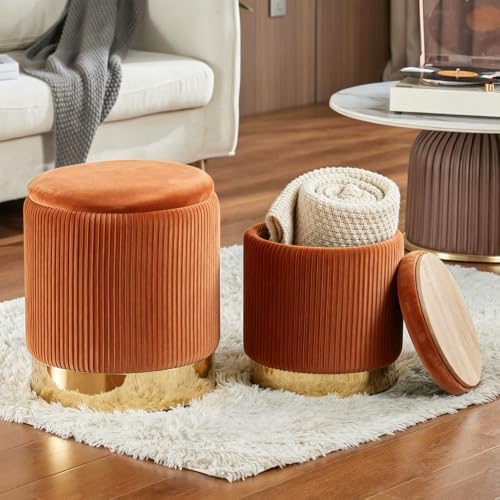 Round Ottoman with Storage, Orange Velvet, Set of 2 Vanity Stool