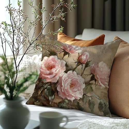 Vintage Pink Rose Floral Rectangle Pillow Throw Cover 18x18 Decor, Shabby Chic Rustic Cottagecore Decorative Throw Pillow Covers Double-Sided