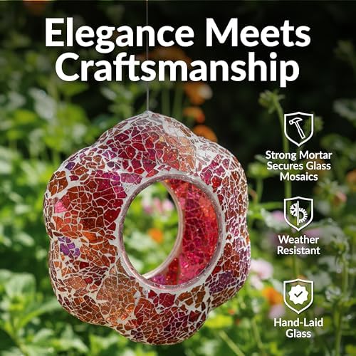 Sunnydaze Mosaic Glass Bird Feeder for Outdoors, Pearl Pink Flower