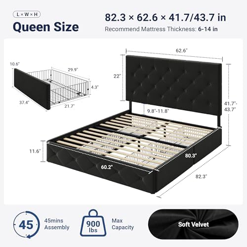 Allewie Queen Size Storage Bed Frame with 4 Underbed Drawers, Upholstered Platform Bed with Adjustable Headboard, Diamond Button Tufted, Easy Assembly, Noise-Free, No Box Spring Needed, Soft Black