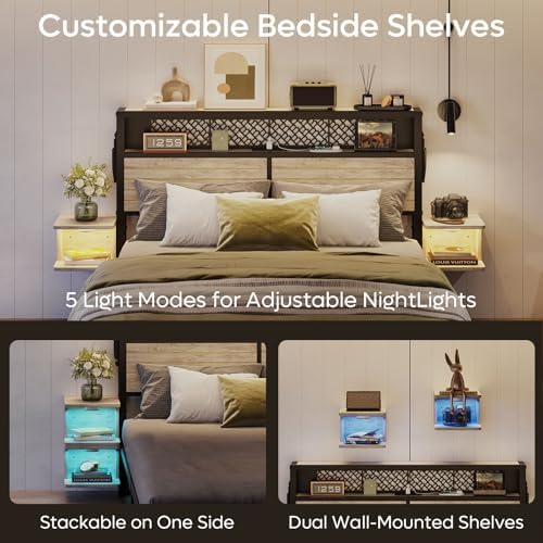 Bestier Queen Bed Frame with Horizontal Golden Stripe Storage Headboard&LED Nightstands, Metal Platform Bed with Charging Station, Heavy Duty Metal Slats, No Box Spring Needed, Noise Free(Grey Oak)