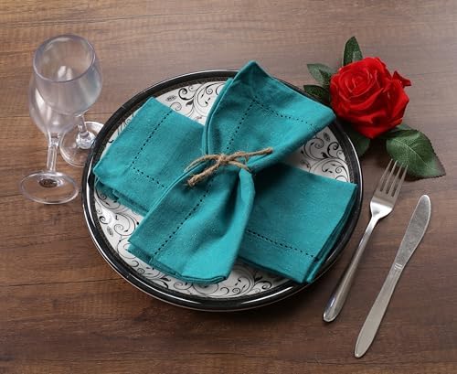 Lightnpro Hemstitched Cotton Dinner Napkins Set of 12, 18x18 Inch Teal