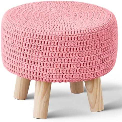 13" Round Handmade Cotton Knitted Boho Small Ottoman with Non-Skid Wood Leg