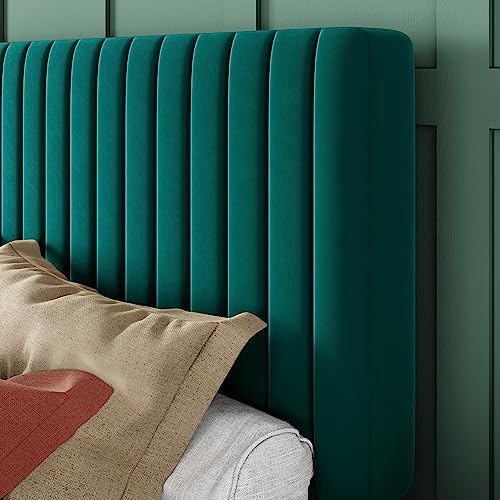 Allewie Queen Bed Frame, Velvet Upholstered Platform Bed with Adjustable Vertical Channel Tufted Headboard, Mattress Foundation with Strong Wooden Slats, Box Spring Optional, Easy Assembly, Teal