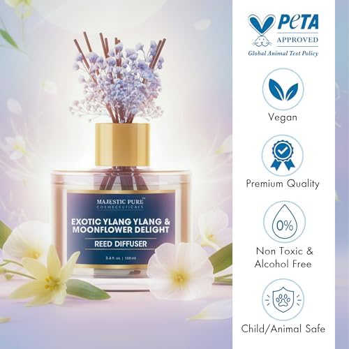 Majestic Pure Ylang Ylang & Moonflower Reed Diffuser 3.4 Fl Oz | Long-Lasting Floral Fragrance for Home and Office