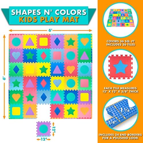 ProSource Kids Foam Puzzle Floor Play Mat with Shapes & Colors 36 Tiles, 12"x12" and 24 Borders
