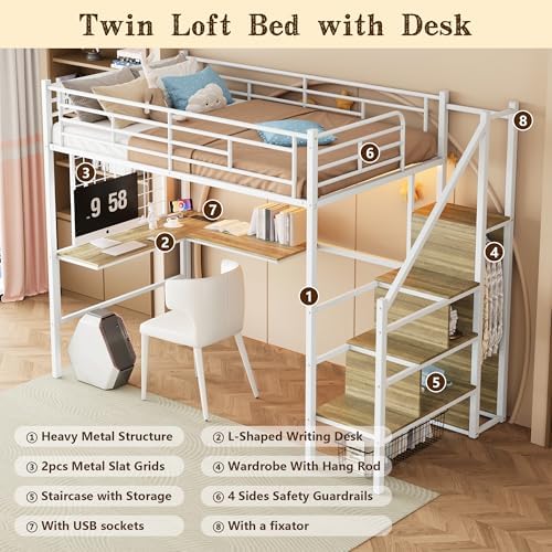 Twin Size Metal Loft Bed with Reversible Stairs & L-Shaped Desk