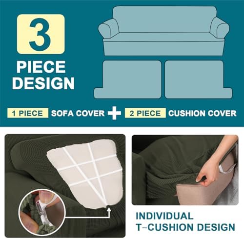 Turquoize 3 Piece T Cushion Sofa Slipcovers Stretch Couch Cover Furniture Covers with 2 Individual T Cushion Covers, Machine Washable (2 Cushion Sofa, Olive)