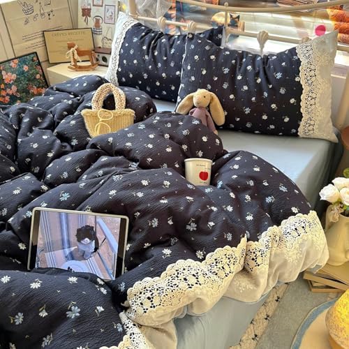 Queen Size Duvet Cover 90"×90",Floral Ruffled Bedding Set 3 Pcs