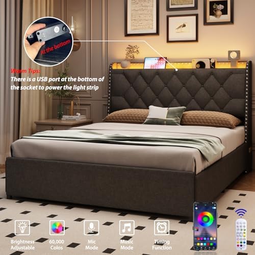 TIGUBFRE Queen Size Bed Frame with 4 Drawers and Storage Headboard, Upholstered Wingback Bed Frame with LED Lights and Charging Station, No Box Spring Needed, Easy Assembly, Noise Free, Gray