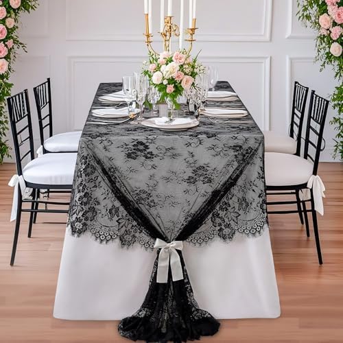 Black Tablecloth Lace Table Fabric 2pcs 60x120 Inch for Scary Movies