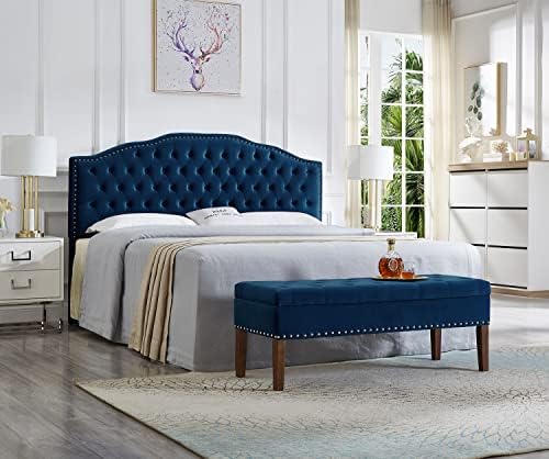 24KF Upholstered Button Tufted King Headboard with Nailhead Trim, Soft Velvet Fabric Headboard King/CA King - Navy